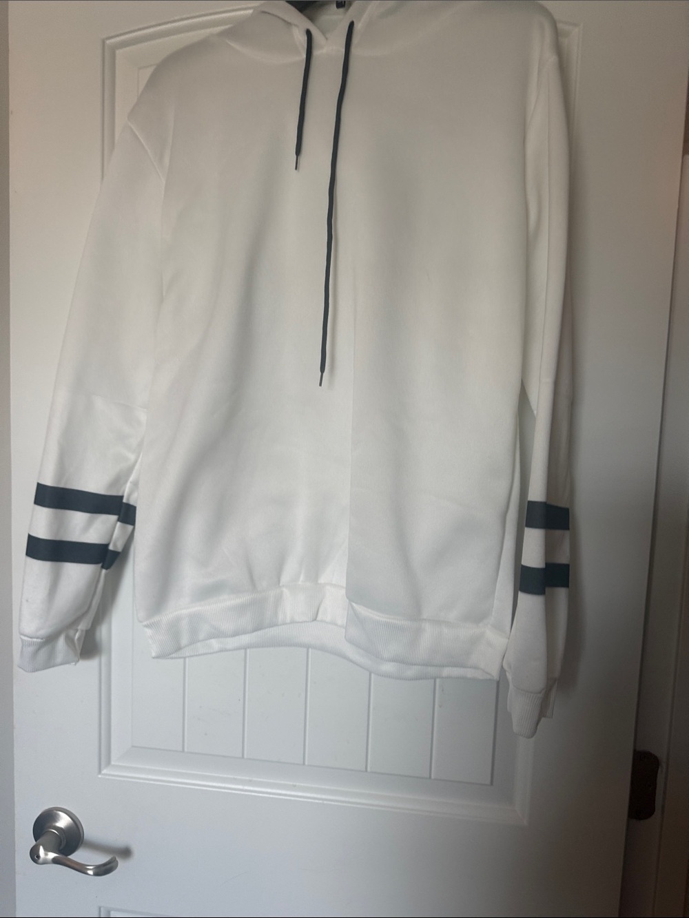 White Crewneck Hoodie with Black Stripe Sleeve Detail